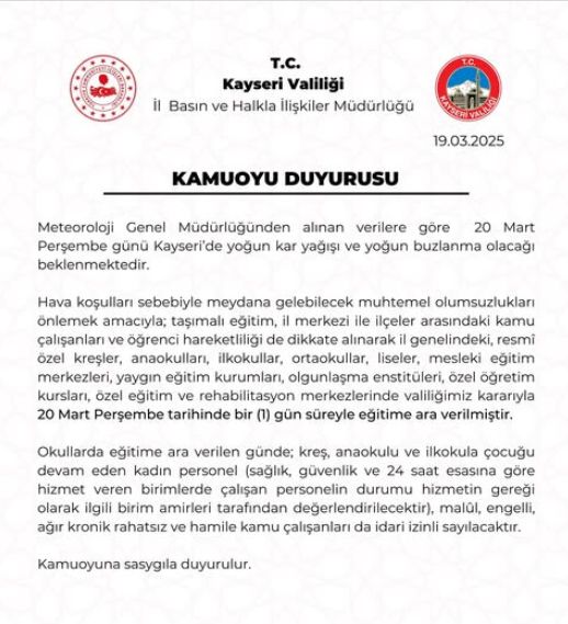 Kayseri okullar tatil mi SON DAKİKA? 20 Mart Perşembe Kayseri okul yok mu (Kayseri Valiliği Açıklaması)!