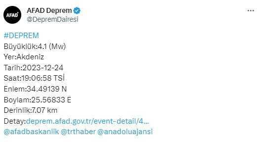 Akdeniz'de 4,1 büyüklüğünde deprem meydana geldi