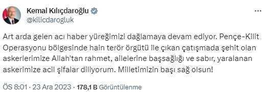 Kuzey Irak'ta şehit düşen 6 askerimiz için siyasilerden taziye mesajları