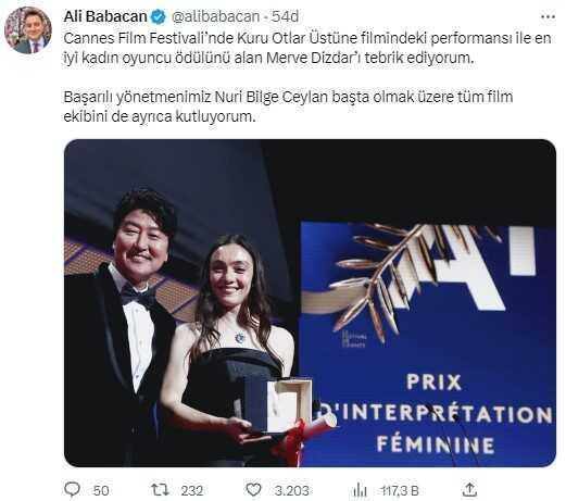 Cannes'da En İyi Kadın Oyuncu Ödülünü alan Merve Dizdar'a ünlüler ve siyasetçilerden tebrik yağdı