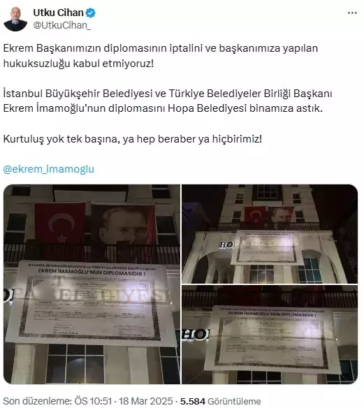 Hopa Belediyesi, İmamoğlu'nun iptal edilen diplomasını belediye binasına astı