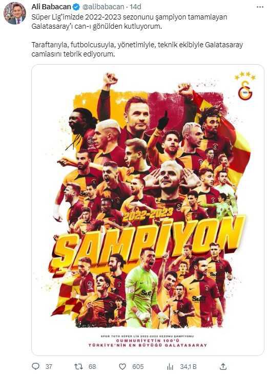 23. kez şampiyonluğa ulaşan Galatasaray'a siyasilerden peş peşe tebrik mesajı