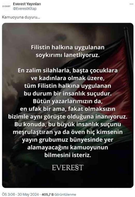 Skandal Filistin yorumu sonrası Everest Yayınları Azra Kohen'le yollarını ayırdı