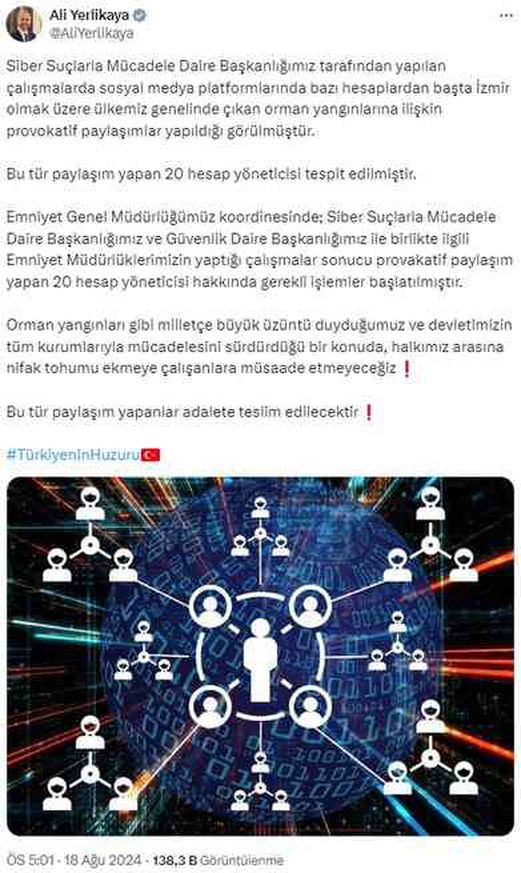 Orman yangınlarına provokatif paylaşım yapan 20 hesap hakkında işlem başlatıldı