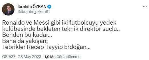 Kılıçdaroğlu'nun kaybetmesinin ardından İYİ Partili İbrahim Özkan'dan manidar paylaşım: Ronaldo ve Messi'yi yedek kulübesinde bekleten teknik direktör