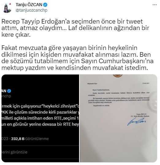 Tanju Özcan'dan Erdoğan'a mektup: Heykel için Cumhurbaşkanı'ndan muvafakat istedim