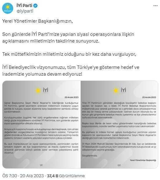 İYİ Parti'den siyasi operasyon açıklaması: Belediye başkanlarımıza transfer teklifleri yapılıyor