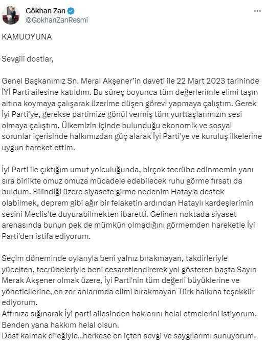 Eski futbolcu Gökhan Zan İYİ Parti'den istifa etti