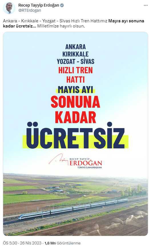 Ankara-Sivas Hızlı Tren Hattı'nın açılışına katılmayan Cumhurbaşkanı Erdoğan müjdeyi sosyal medyadan verdi: Mayıs sonuna kadar ücretsiz