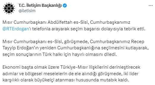 Mısır Cumhurbaşkanı Sisi, Cumhurbaşkanı Erdoğan'ı tebrik etti