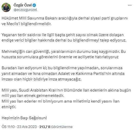 CHP lideri Özgür Özel, hükümete seslendi: Meclis bilgilendirilmedikçe, AK Parti'nin altında imzası olan hiçbir bildiriye imza atmayacağız