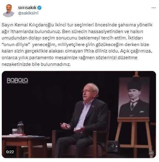 Sakık'tan seçim sürecinde kendisini hedef alan Kılıçdaroğlu'na yanıt: İspatlamazsanız mahkemede hesabını vereceksiniz
