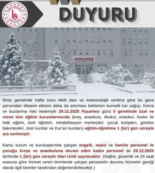 Bartın okullar tatil mi? 29 Aralık Pazartesi yarın Bartın'da okul yok mu (KAR TATİLİ – BARTIN VALİLİĞİ)?