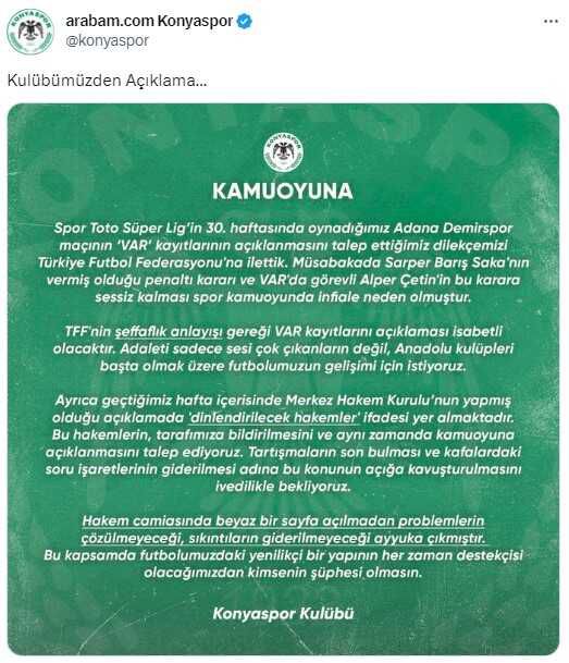Konyaspor, Adana Demirspor maçına ait VAR kayıtlarının açıklanması için TFF'ye başvuruda bulundu