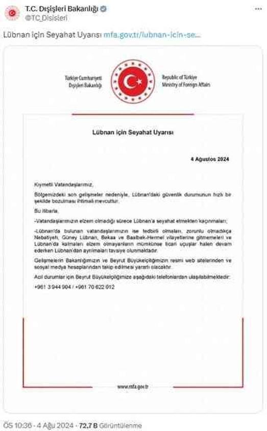 Dışişleri Bakanlığı'ndan Lübnan'a seyahat uyarısı
