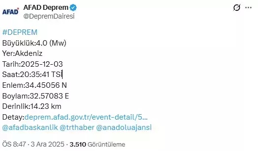 Akdeniz'de 4 büyüklüğünde deprem
