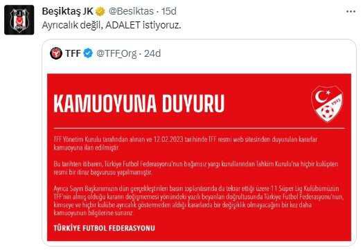 TFF, ligden çekilen takımlarla ilgili kararın değişmeyeceğini tekrarladı! Beşiktaş'tan jet hızında cevap geldi