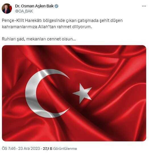 Kuzey Irak'ta şehit düşen 6 askerimiz için siyasilerden taziye mesajları