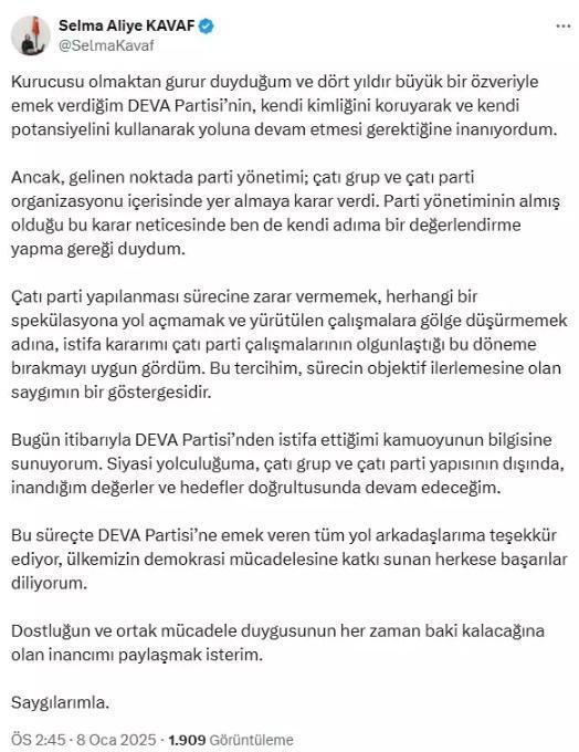 Selma Aliye Kavaf DEVA Parti'sinden istifa mı etti?