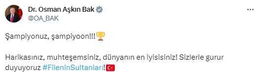 Cumhurbaşkanı Erdoğan, FIVB Milletler Ligi'nde şampiyonluğa ulaşan A Milli Kadın Voleybol Takımı'nı tebrik etti