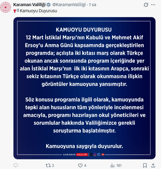 İstiklal Marşı'nın Arapça okunmasına soruşturma
