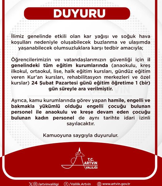 Artvin okullar tatil mi SON DAKİKA? 24 Şubat Pazar Artvin okul yok mu (Artvin Valiliği Açıklaması – KAR TATİLİ)?