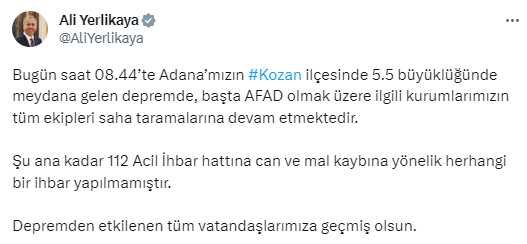 İçişleri Bakanı Yerlikaya'dan Adana'daki depreme ilişkin ilk açıklama: Şu ana kadar can ve mal kaybı yok
