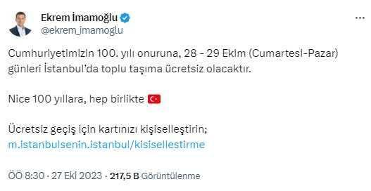 İstanbul'da İBB'ye bağlı toplu taşıma araçları hafta sonu ücretsiz olacak