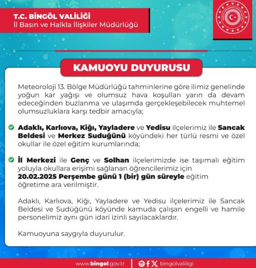 Bingöl okullar tatil mi SON DAKİKA? 20 Şubat Perşembe Bingöl okul yok mu (Bingöl Valiliği Açıklaması – KAR TATİLİ)?