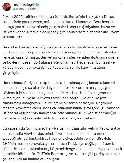 Bahçeli: Suriye'deki çatışmalar Türkiye’yi tehdit ediyor