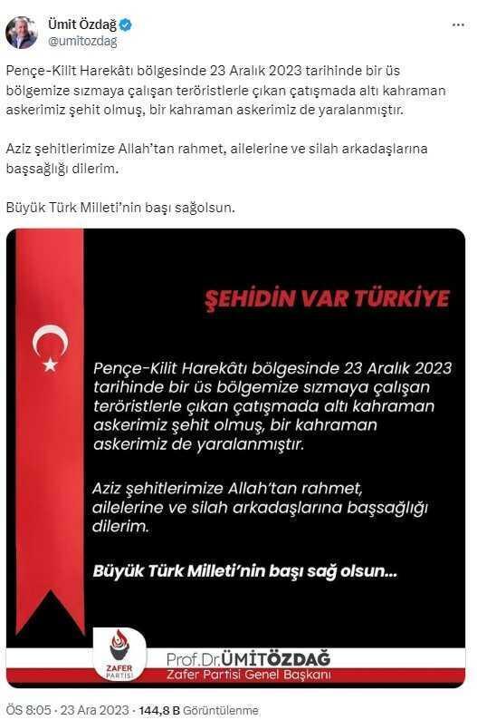 Kuzey Irak'ta şehit düşen 6 askerimiz için siyasilerden taziye mesajları