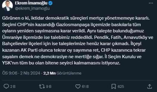 İBB Başkanı İmamoğlu, Gaziosmanpaşa'da oyların yeniden sayılacağını açıkladı