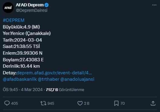 Çanakkale'de 4,9 büyüklüğünde deprem! İstanbul ve çevre illerde de hissedildi