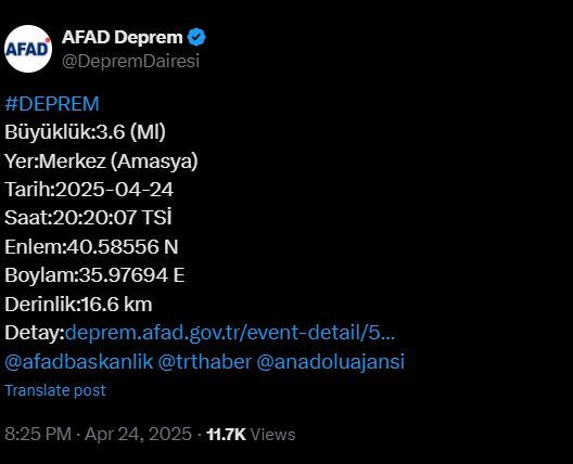 Amasya deprem mi oldu? Son depremler! Az önce nerede deprem oldu? 24 Nisan 2025 Perşembe AFAD ve Kandilli deprem listesi!