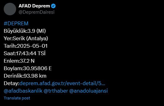 Antalya'da deprem mi oldu SON DAKİKA! Az önce Antalya'da nerede, Serik'te kaç büyüklüğünde deprem oldu?