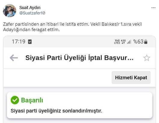 Zafer Partisi milletvekili adayı Suat Aydın, zehir zemberek sözlerle partisinden istifa etti