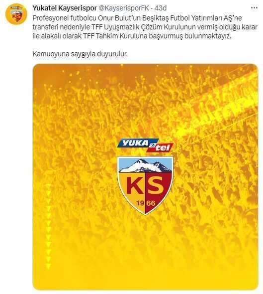 Kayserispor, Onur Bulut için TFF Tahkim Kurulu'na başvurdu