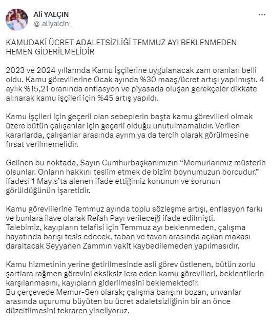Cumhurbaşkanı Erdoğan'ın memur zammı için temmuzu işaret etmesine Memur-Sen'den itiraz: Kamudaki ücret adaletsizliği hemen giderilmelidir