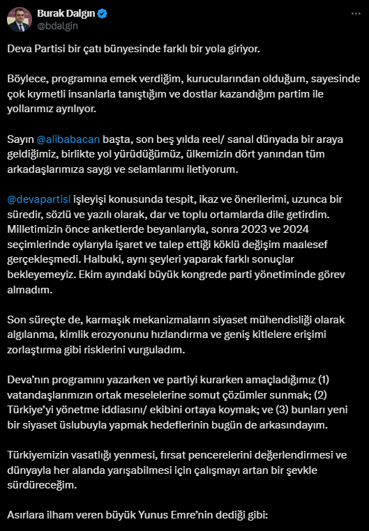 Burak Dalgın DEVA Partisi'nden neden istifa etti?