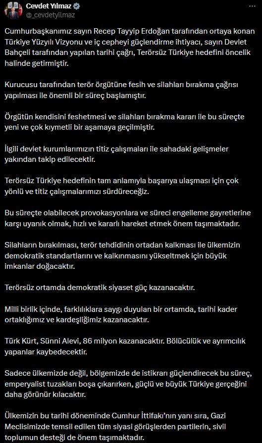 Cevdet Yılmaz'dan PKK'nın fesih kararı sonrası uyarı: Provokasyonlara karşı kararlı hareket edilmeli
