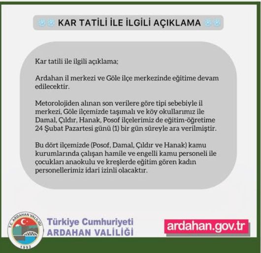 Ardahan okullar tatil mi SON DAKİKA? 24 Şubat Pazartesi Ardahan okul yok mu (Ardahan Valiliği Açıklaması – KAR TATİLİ)?
