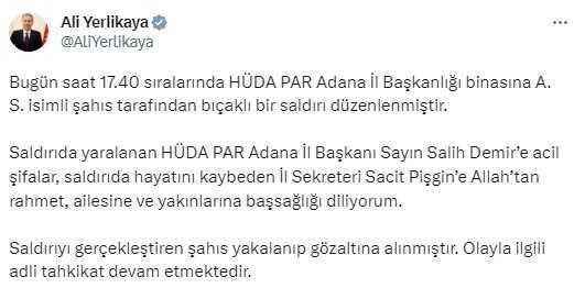 Son Dakika: Adana'da HÜDA PAR İl Başkanlığı'na bıçaklı saldırı! İl sekreteri hayatını kaybetti, il başkanı yaralandı