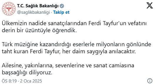  Ferdi Tayfur'un vefatının ardından ardı ardına baş sağlığı mesajları