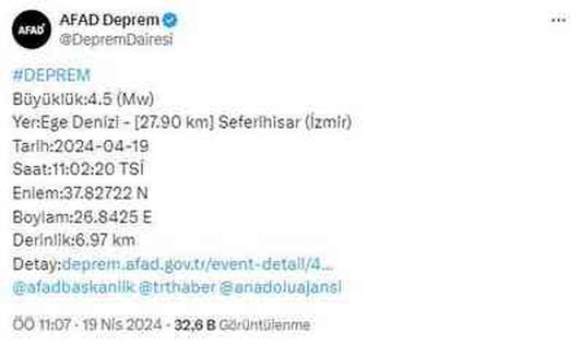 İzmir Seferihisar'da 4.5 büyüklüğünde deprem! Sarsıntı çevre illerde de hissedildi