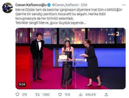 Cannes'da En İyi Kadın Oyuncu Ödülünü alan Merve Dizdar'a tebrik yağdı