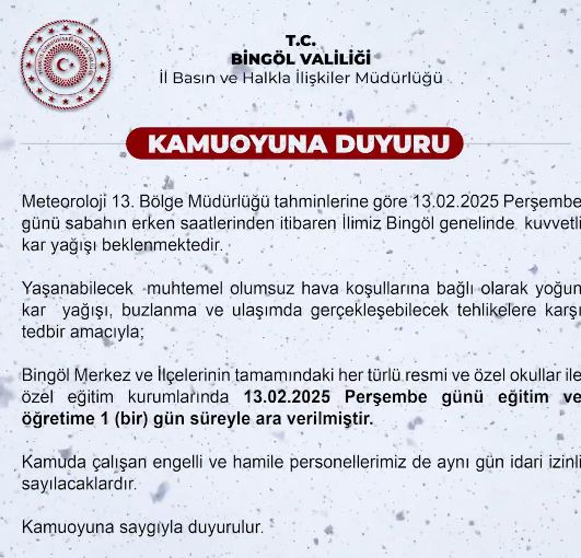 Bingöl okullar tatil mi SON DAKİKA? 13 Şubat Perşembe Bingöl'de okul yok mu - 1 GÜN TATİL (Bingöl Valiliği Açıklaması – KAR TATİLİ)?