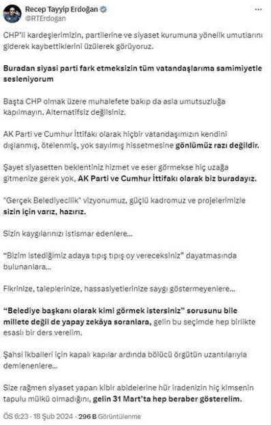 Cumhurbaşkanı Erdoğan'dan yerel seçim mesajı: Alternatifsiz değilsiniz