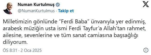  Ferdi Tayfur'un vefatının ardından ardı ardına baş sağlığı mesajları