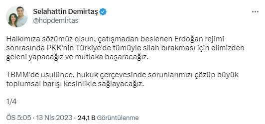 Selahattin Demirtaş'tan dikkat çeken paylaşım: PKK'nın silah bırakması için elimizden geleni yapacağız ve mutlaka başaracağız