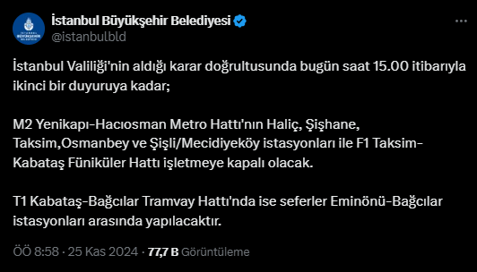 Yenikapı metro hattı bugün kapalı mı? 25 Kasım Yenikapı-Hacıosman metro hattı hangi duraklar kapalı?